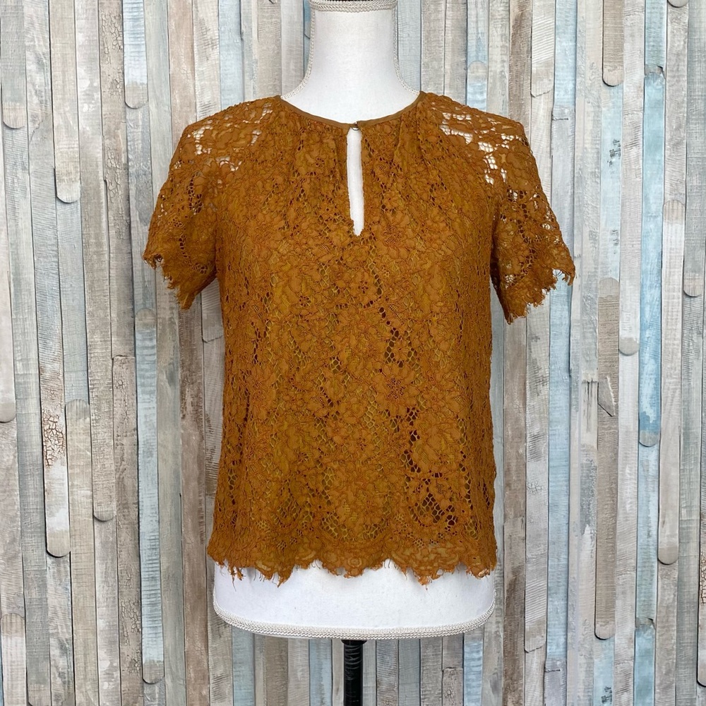 J Crew XS Copper Gold Scalloped Floral Lace Keyhole Top Blouse Boho Feminine $98